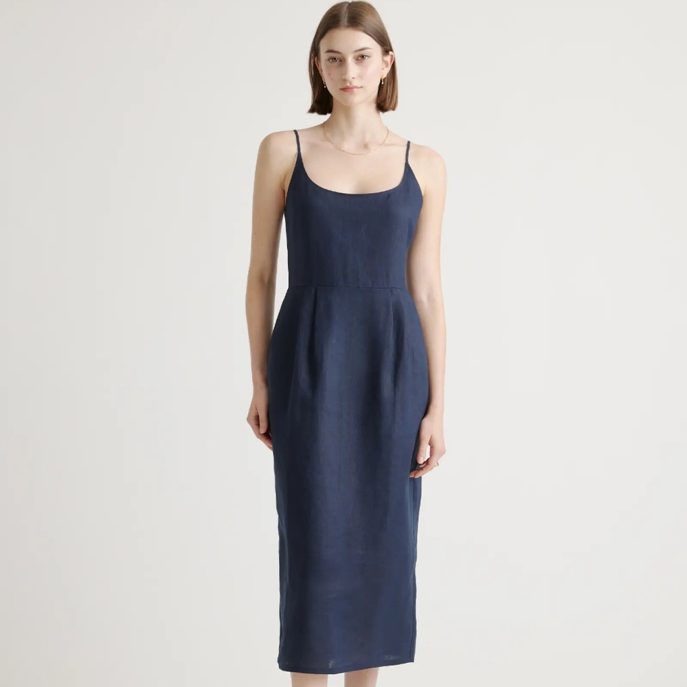 Quince Navy Blue European Linen Scoop Neck Midi Dress